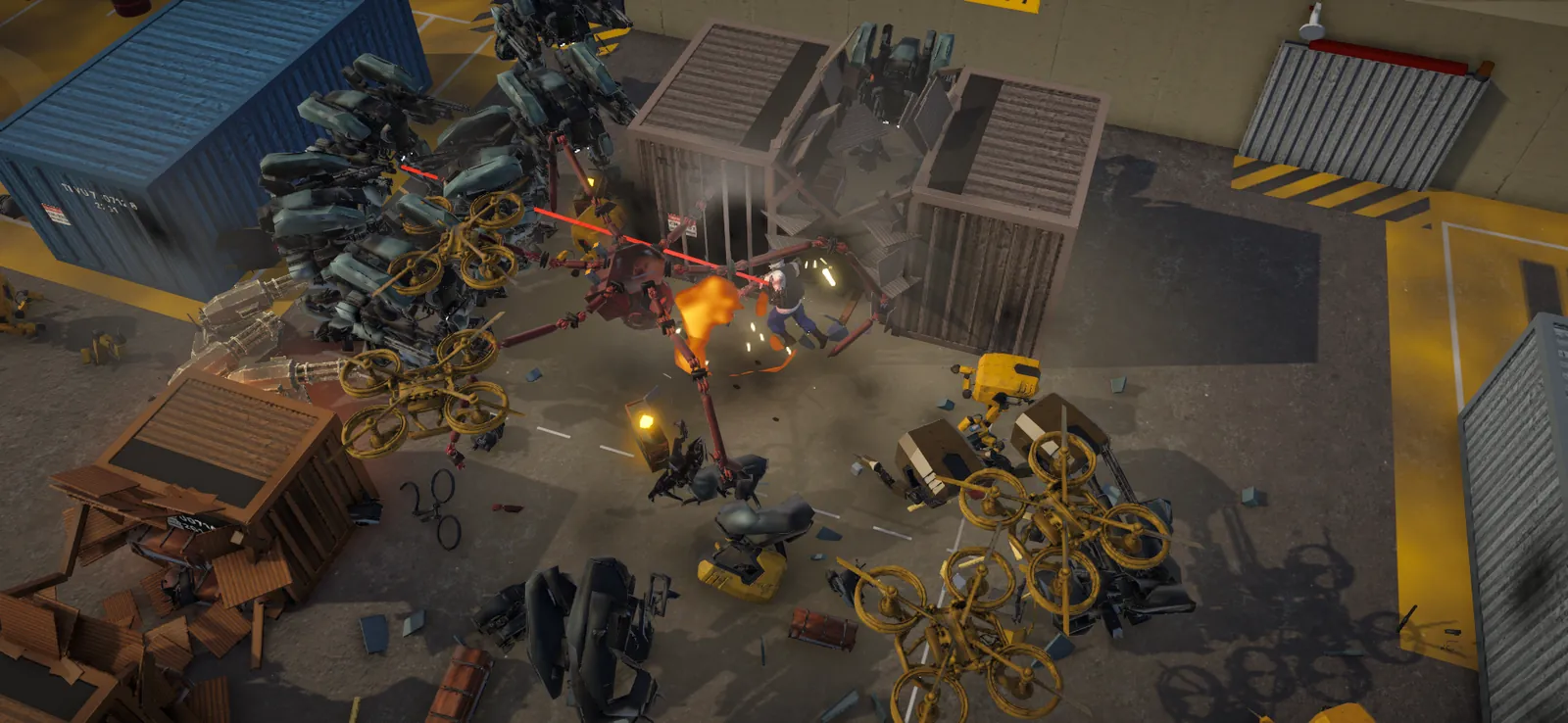 Machines crowding round a breached container