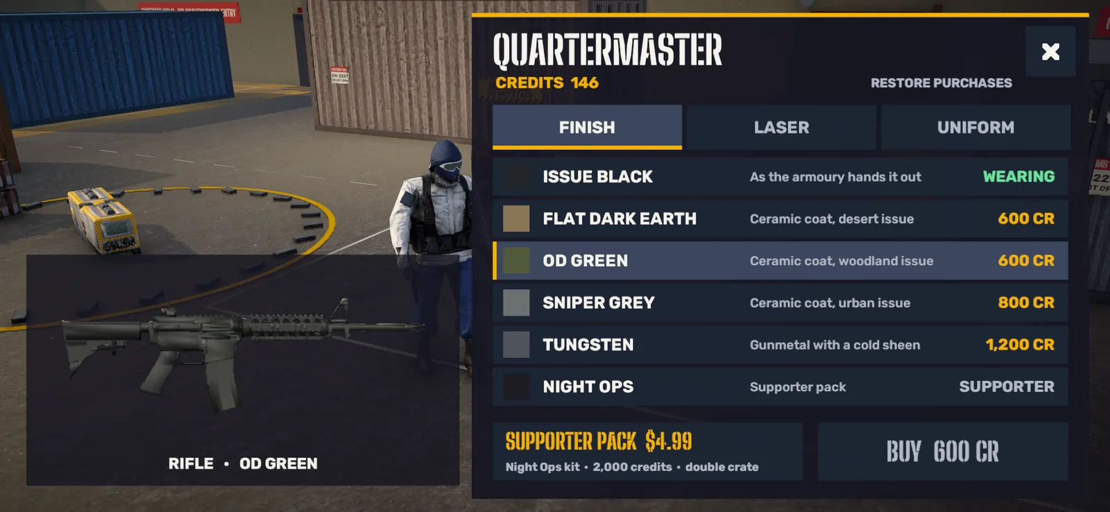 The Quartermaster: weapon finishes for credits, beside the fighter in the lobby